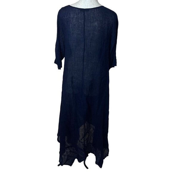 Luna Luz Maxi Dress Size Medium Blue Crossover Asymmetric Hem Lagenlook Linen - Picture 3 of 15